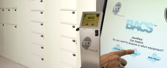 Biometric access control kiosk lockers.