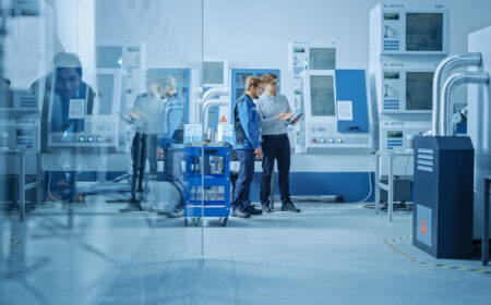 Technicians in a modern industrial control room analyzing data on machines and tablets.