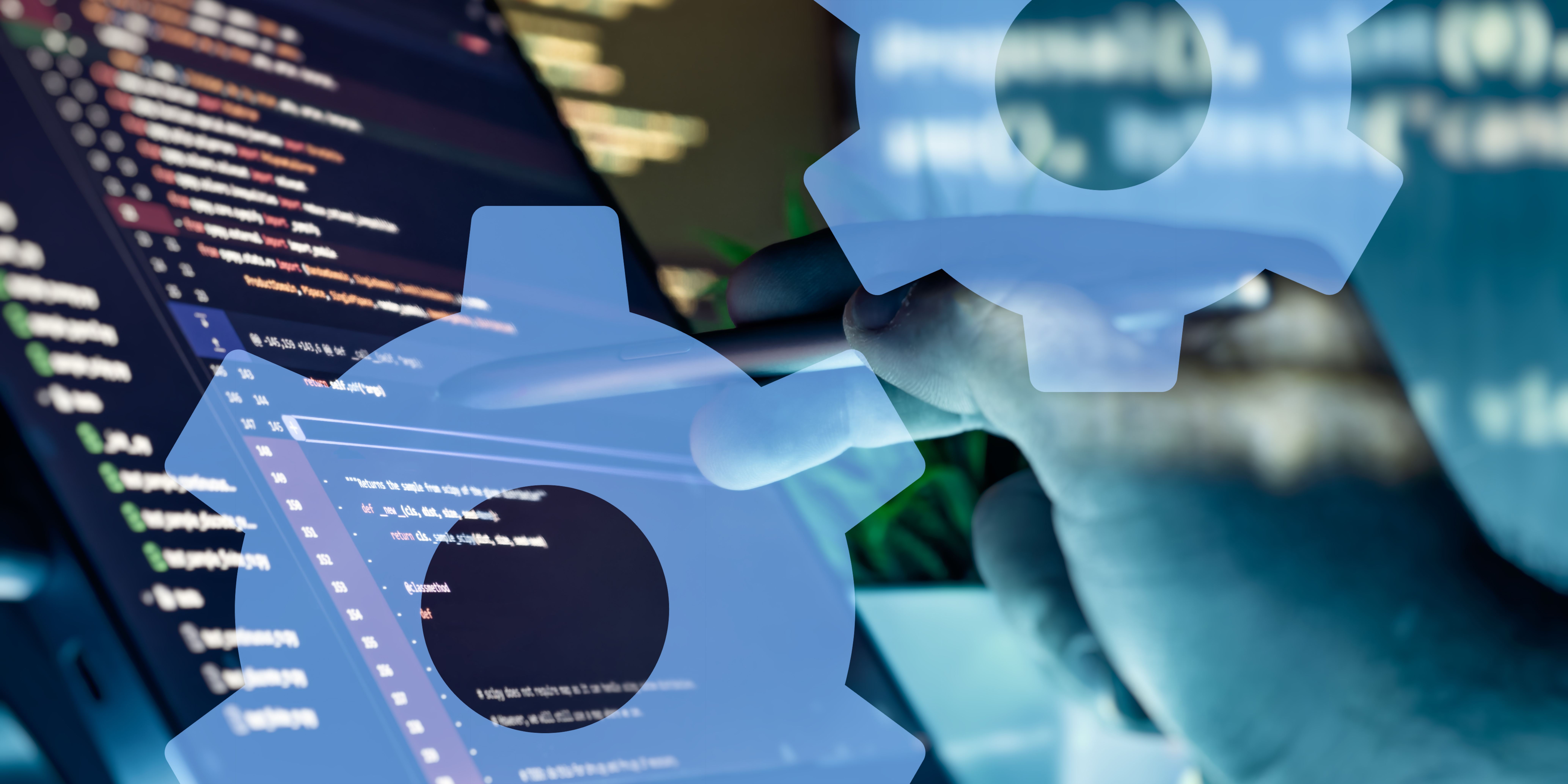 A person is programming on a computer. Transparent gear icons are overlayed