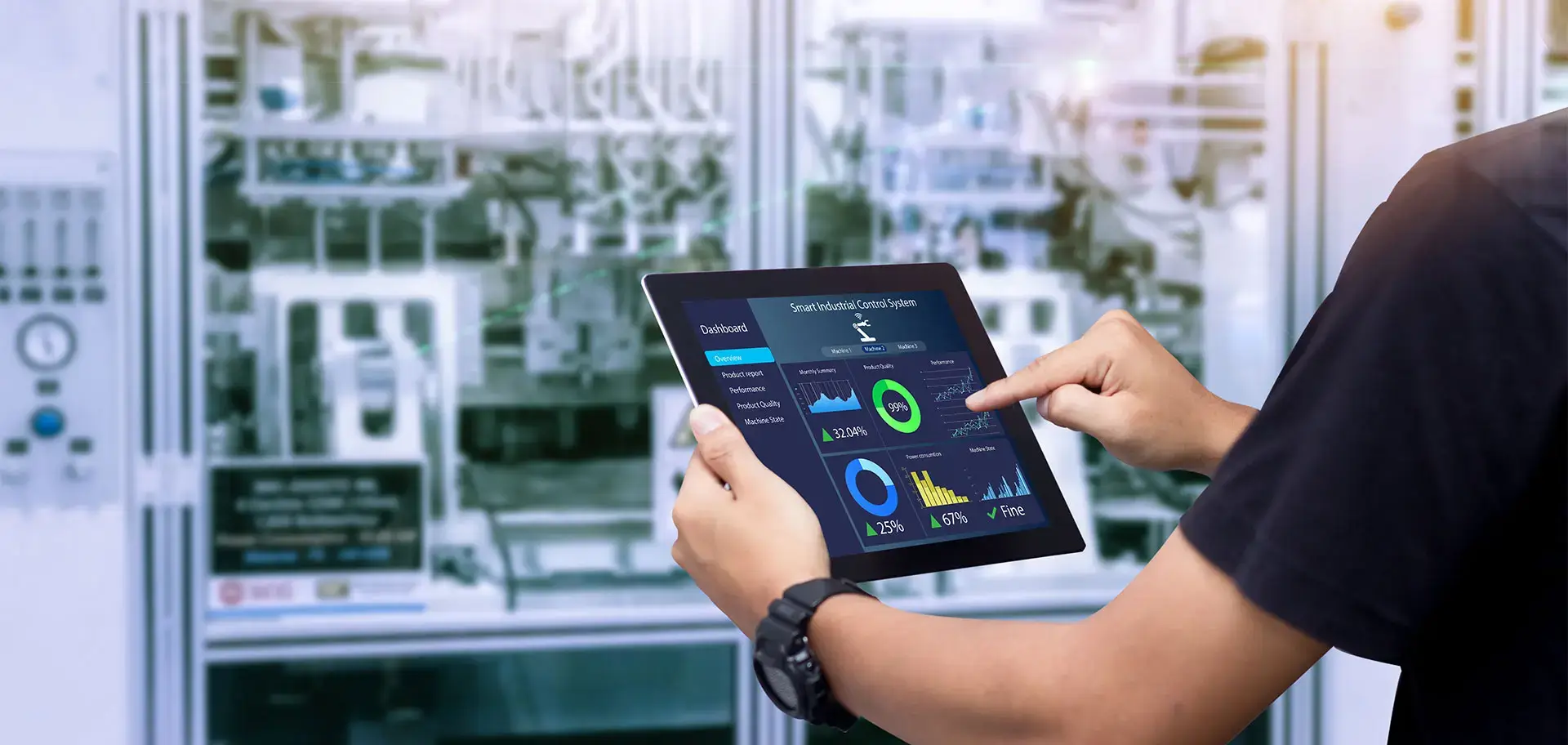 Smart industry control concept. Hands holding tablet on blurred automation machine as background