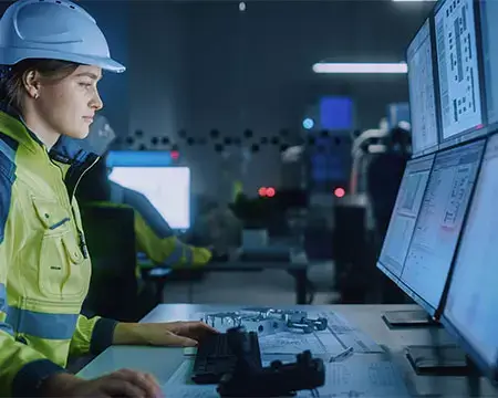 Industry 4.0 Modern Factory: Female Facility Operator Controls Workshop Production Line, Uses Computer with Screens Showing Complex UI of Machine Operation Processes, Controllers, Machinery Blueprints