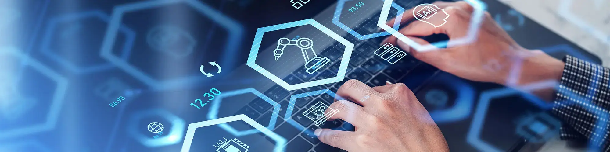 Woman using laptop, virtual screen with robot controls and optimization