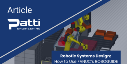 Illustration of ROBOGUIDE software for robotics system design featuring robotic arms and machinery.