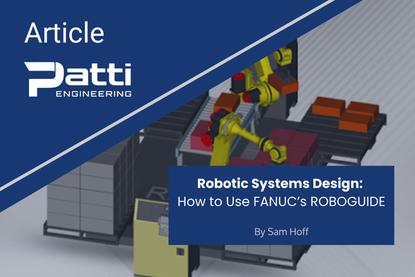 Illustration of ROBOGUIDE software for robotics system design featuring robotic arms and machinery.