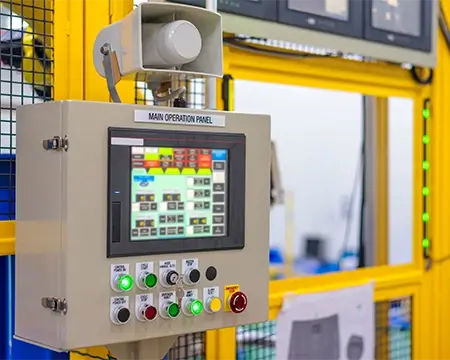 Factory 4.0 concept : View of operation panel and product inspection monitoring display on fence of manufacturing machine