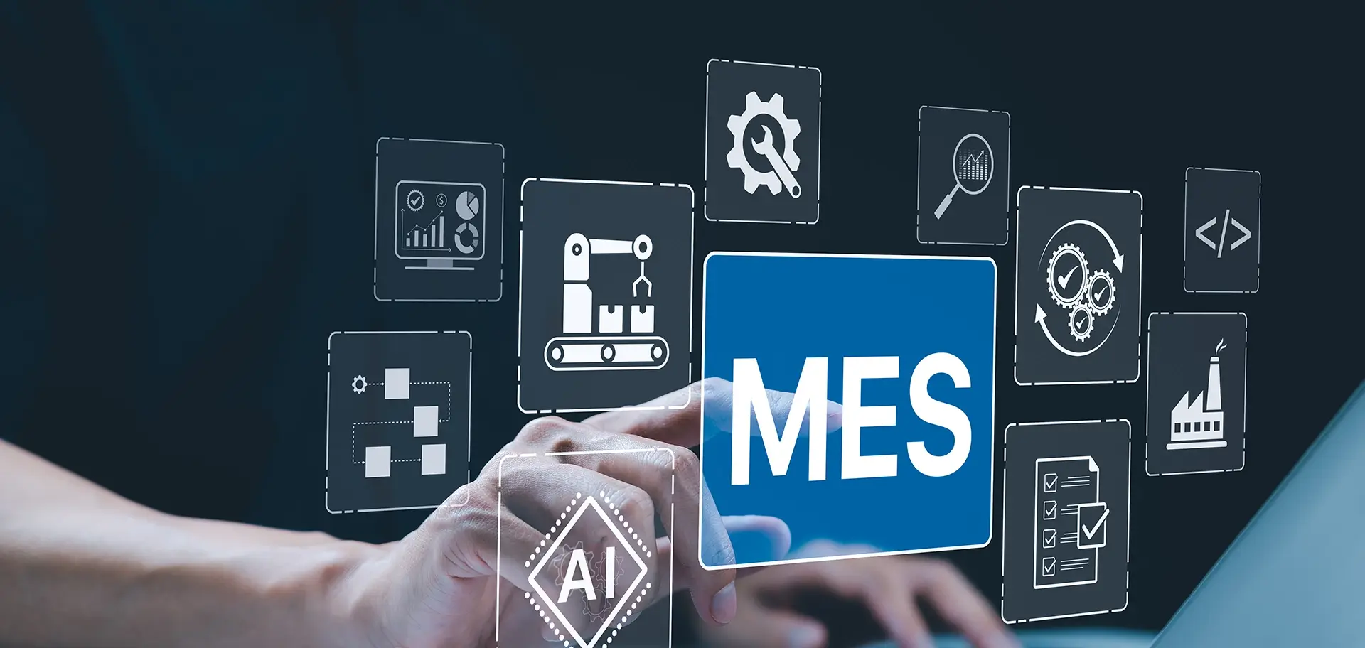 MES - Manufacturing Execution System Concept. AI Integration, A person touch MES icon with symbols to manufacturing, automation, industrial processes, technology in production management, AI powered
