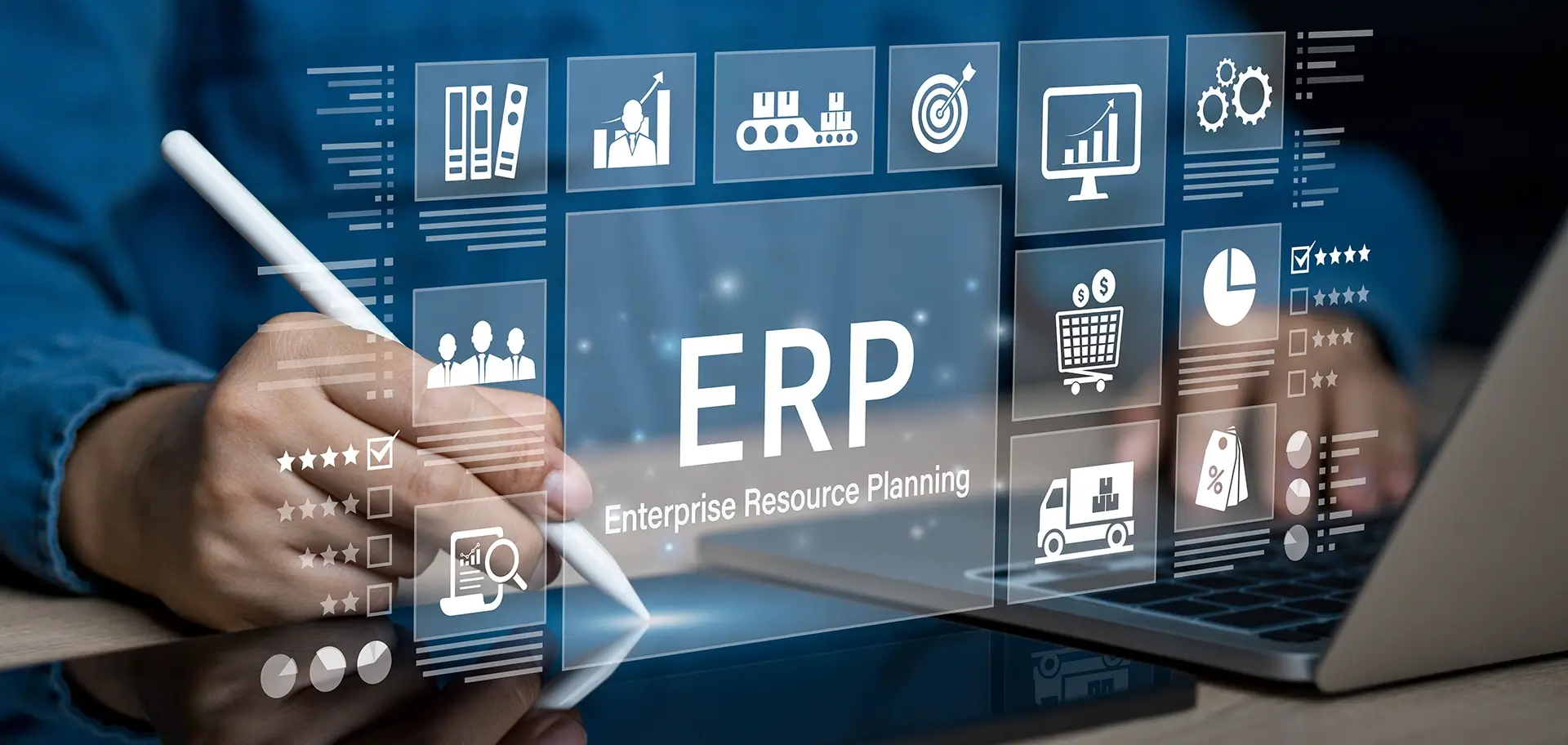 Enterprise resource planning concept. Businessman using tablet and laptop for business management planning and company improvement. Technology, Network, Enterprise resource planning