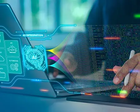 AI integration system connecting data, cloud, automation, API, and analytics through a central AI core, futuristic glowing circuit lines, Holographic UI overlay for business and technology solutions