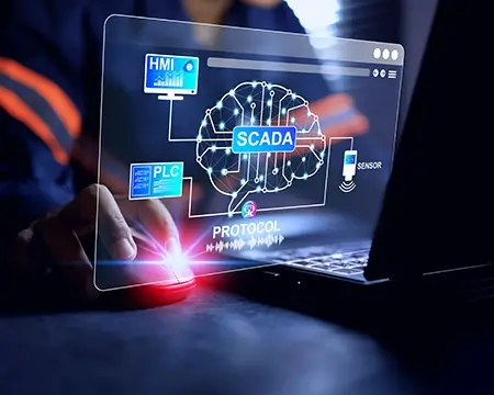 SCADA technology concept with a man programming and logic setting for real time checking and data analysis control process and monitor on human machine interface