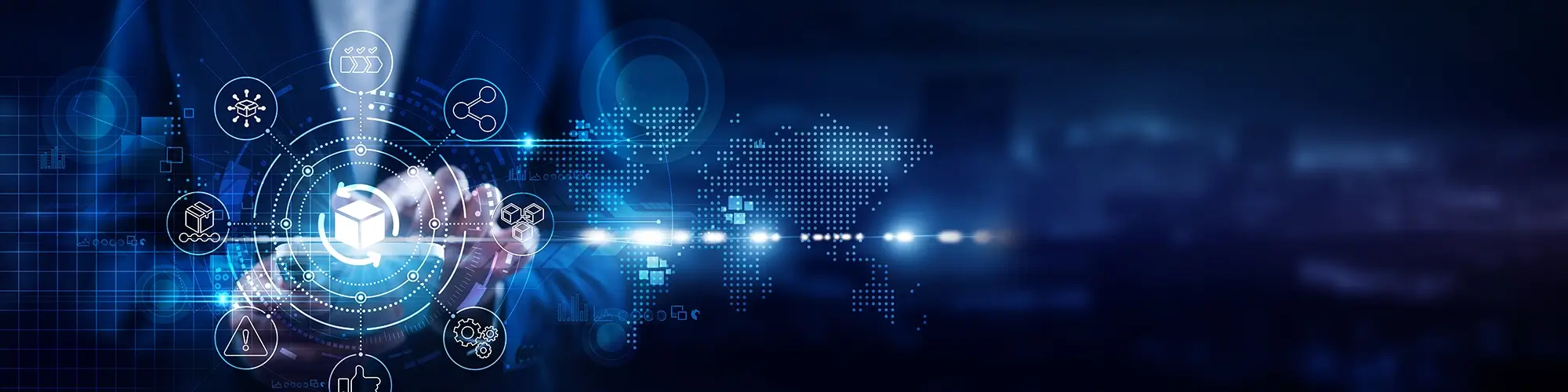 SCM, Businessman using mobile smartphone and logistics platforms connecting data inventory control, shipment tracking, demand forecasting, supplier networks, real-time analytics