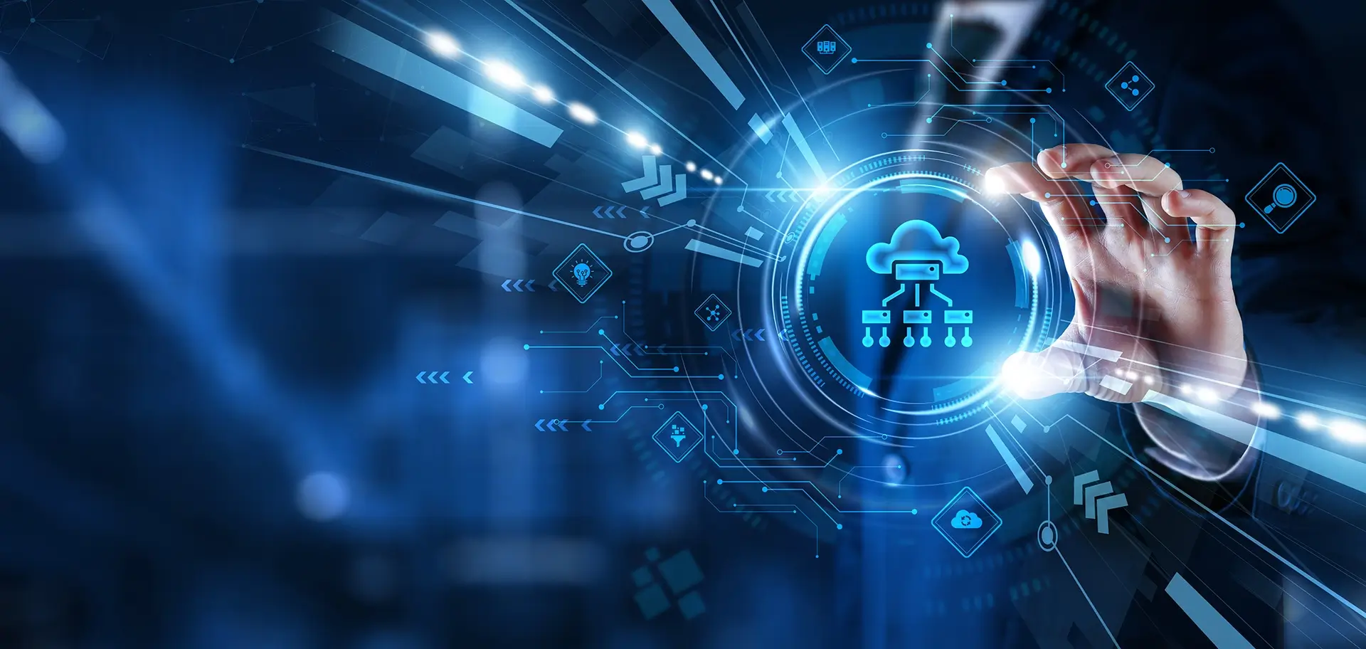 Businessman hand hold edge computing network. Real-time data processing and IoT technology. Cloud integration, AI, latency reduction, infrastructure, and decentralized computing