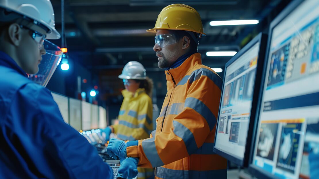 Plant floor operator reviewing real-time SCADA data on industrial monitor